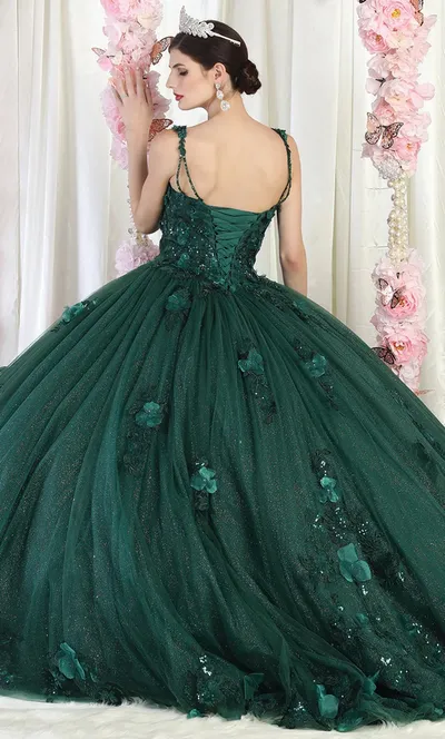 Vestido de 15 años de tiras decorado con apliques y flores en 3D en tela de Tull, falda corte princesa