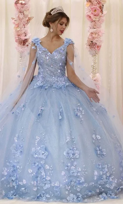 Vestido de 15 años de tiras decorado con apliques y flores en 3D en tela de glitter falda corte princesa con luces LED