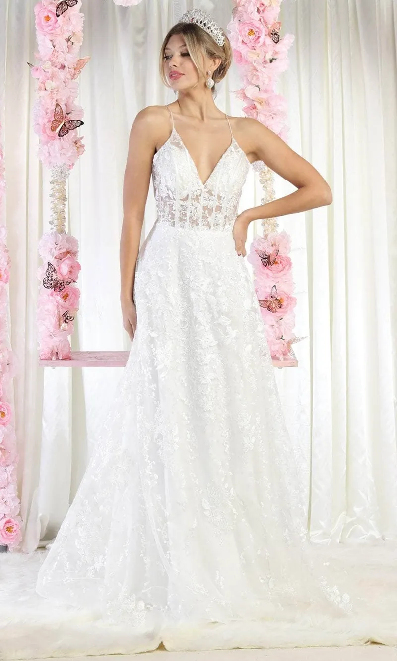 Vestido de Novia de tiras estilo corset con transparencia color Blanco decorado con apliques y  falda corte A