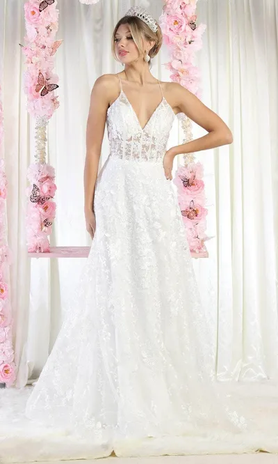 Vestido de Novia de tiras estilo corset con transparencia color Blanco decorado con apliques y  falda corte A