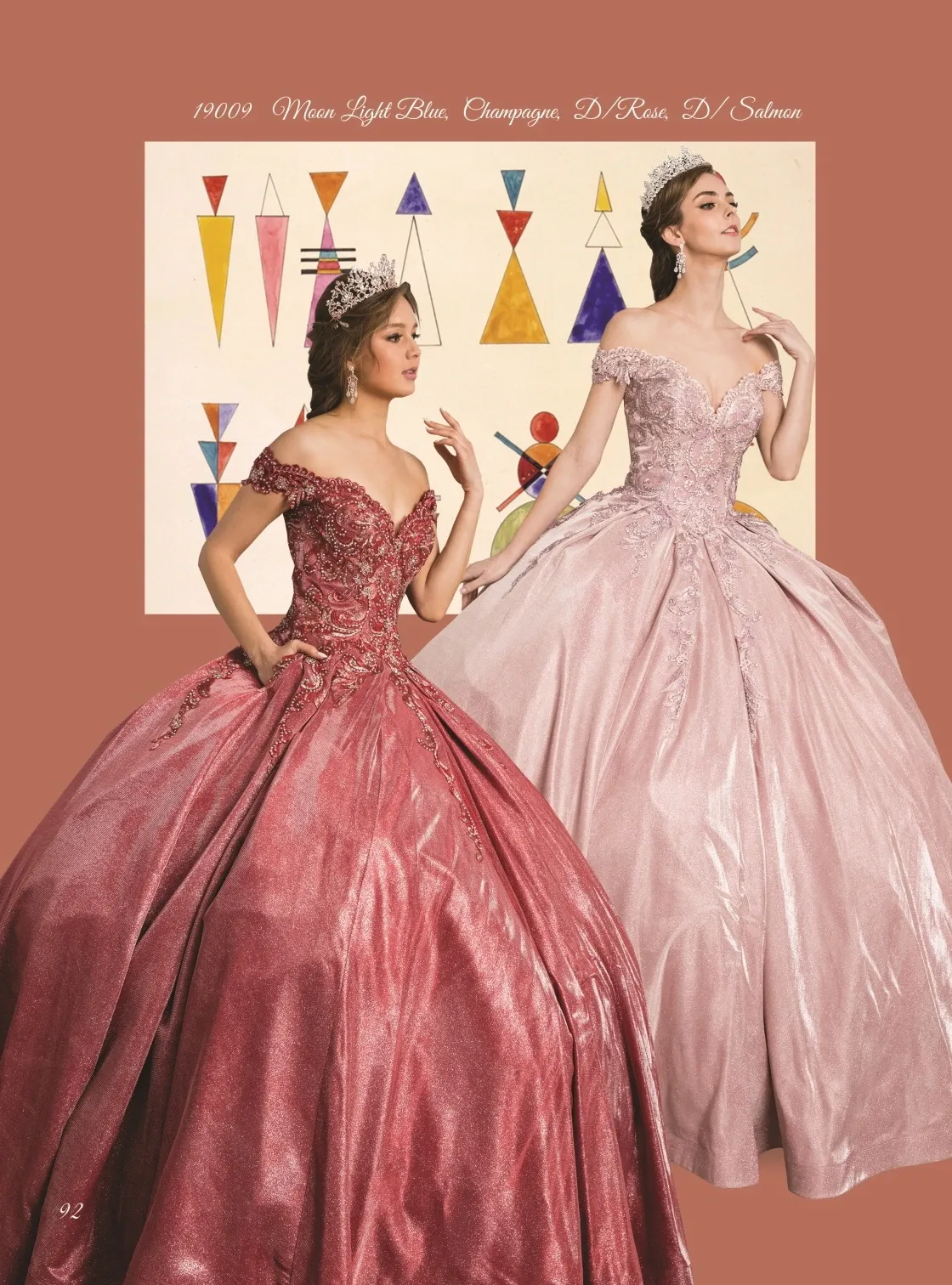 Vestido de 15 años Off Shoulder en tela de Glitter y apliques en Top