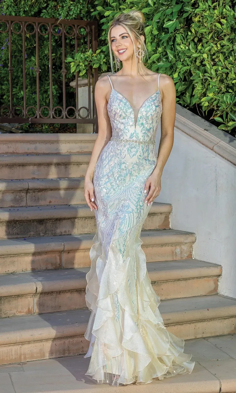 Vestido de Gala de tiras frontales decorado con microlentejuelas, falda corte sirena con Tull