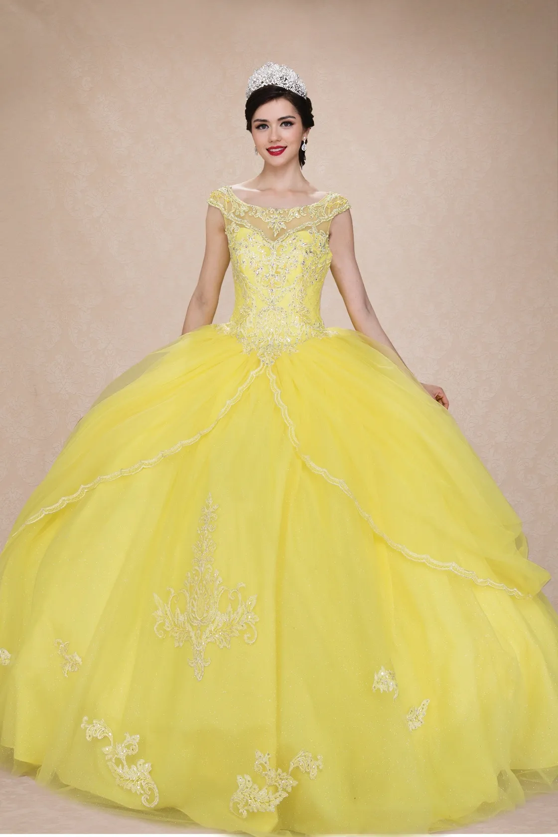 Vestido de 15 años de manga corta decorado con apliques en Top y falda corte Princesa