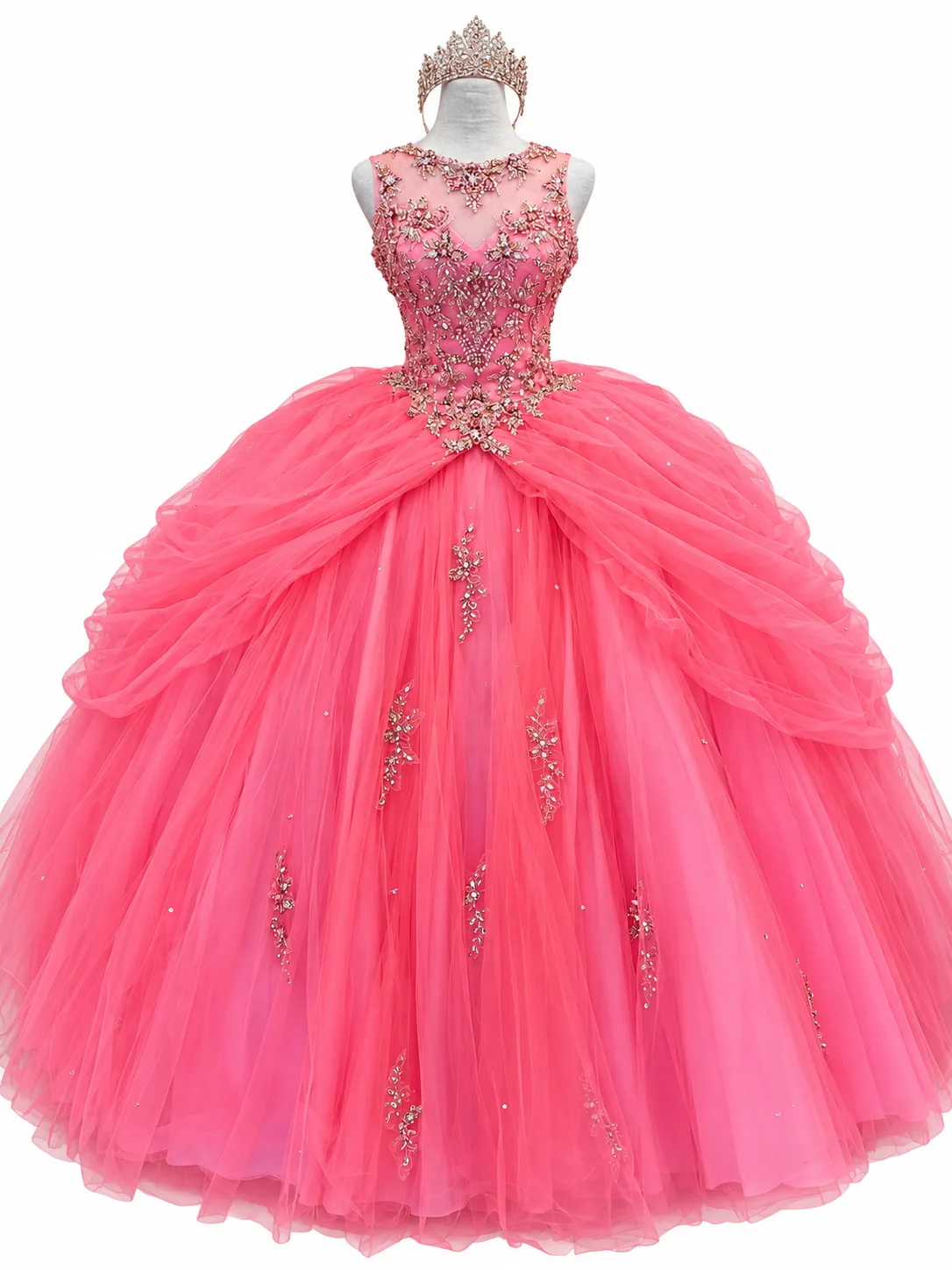 Glamuroso vestido de gala rosa con tiara