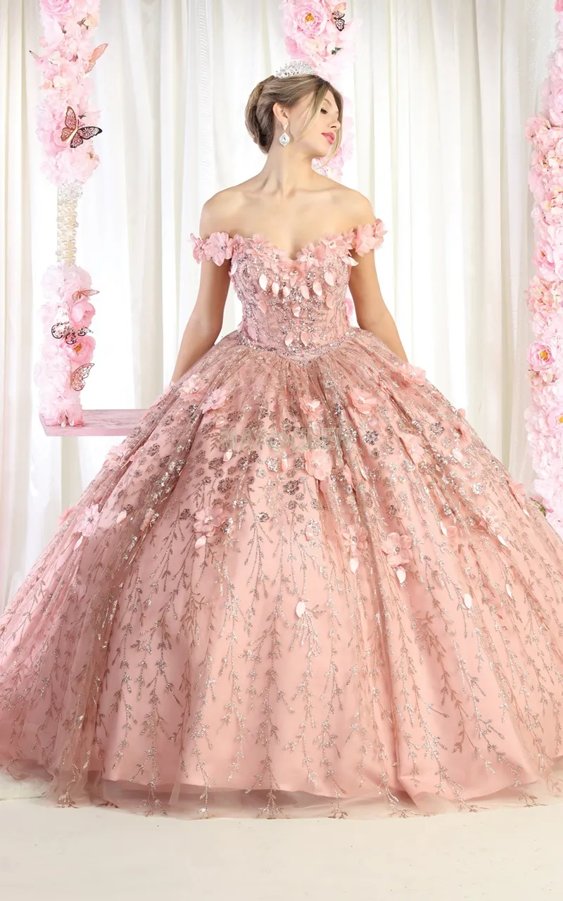 Vestido de 15 años Off Shoulder decorado con apliques y flores en 3D en tela de glitter falda corte princesa
