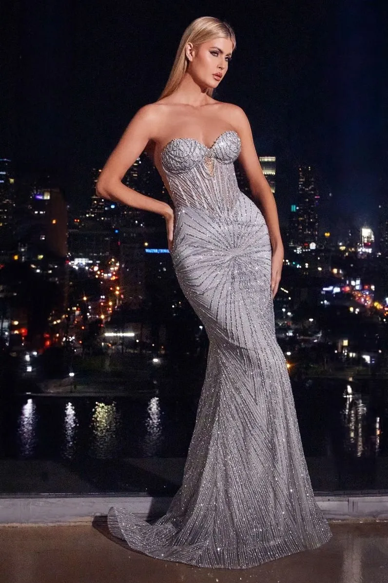 Vestido de Gala Imperium Strapless decorado con pedreria y rhinestone en Top