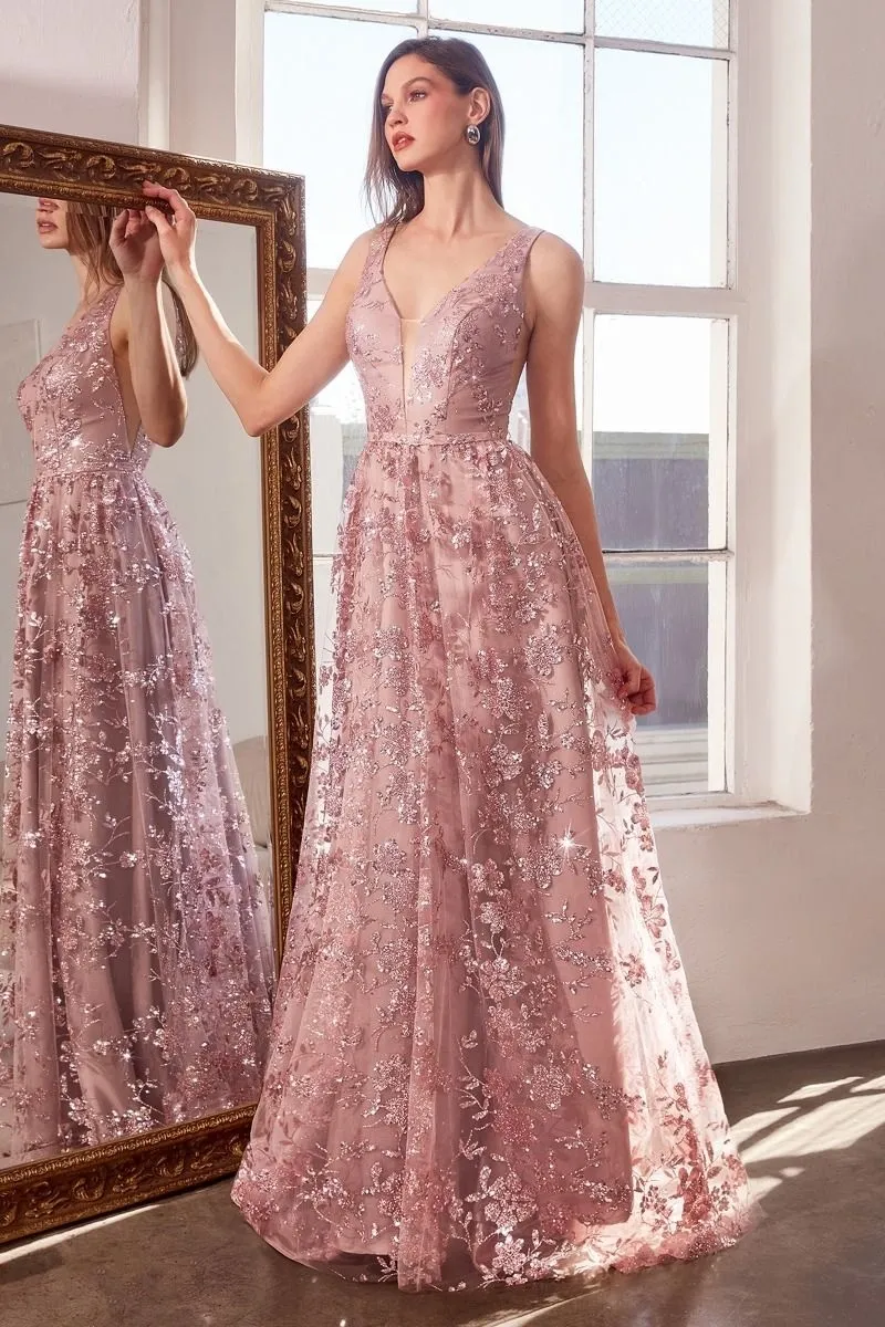 Vestido de Gala escote en V con diseños en Glitter y falda corte A