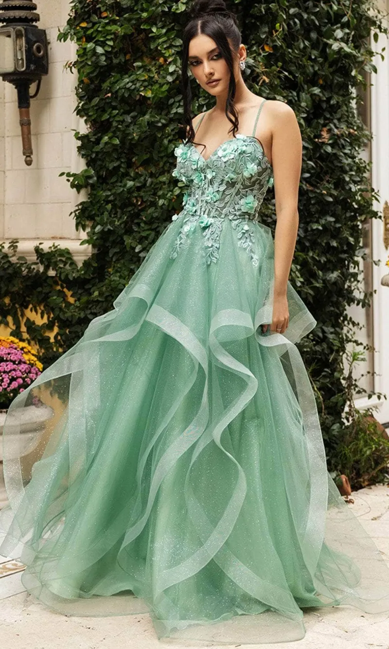 Vestido de gala de tiras estilo corset ajustable decorado con glitter y apliques