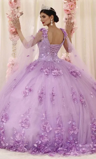 Vestido de 15 años de tiras decorado con apliques y flores en 3D en tela de glitter falda corte princesa con luces LED