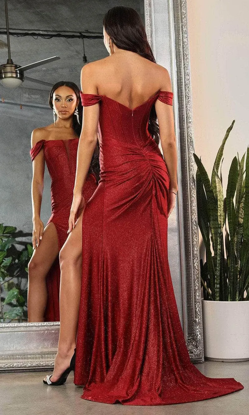 Vestido de Gala Off Shoulder con mangas desmontables en tela de Glitter y falda con abertura lateral