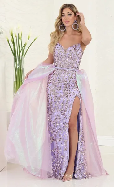 Vestido de Gala Strapless decorado con lentejuelas doradas y sobrefalda