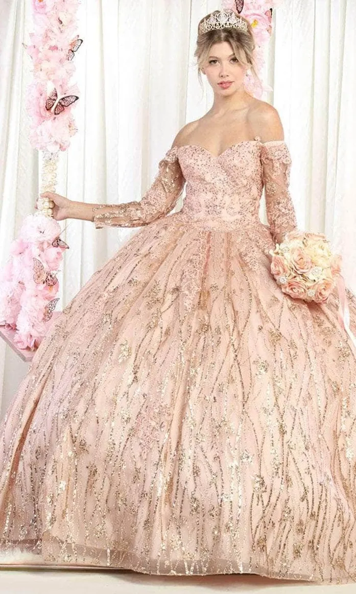 Vestido de 15 años Off Shoulder con manga larga decorado con apliques y decoraciones de glitter falda corte princesa