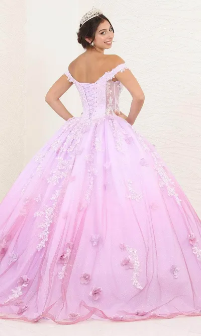 Vestido de 15 años Off Shoulder estilo corset con transparencia, decorado con apliques de flores y falda corte Princesa con difuminado