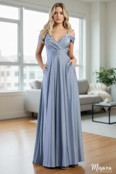 Vestido de gala de tiras ajustado drapeado en top y falda corte A