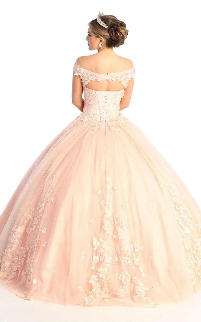 Vestido de 15 años Off Shoulder estilo corset decorado con flores en 3D