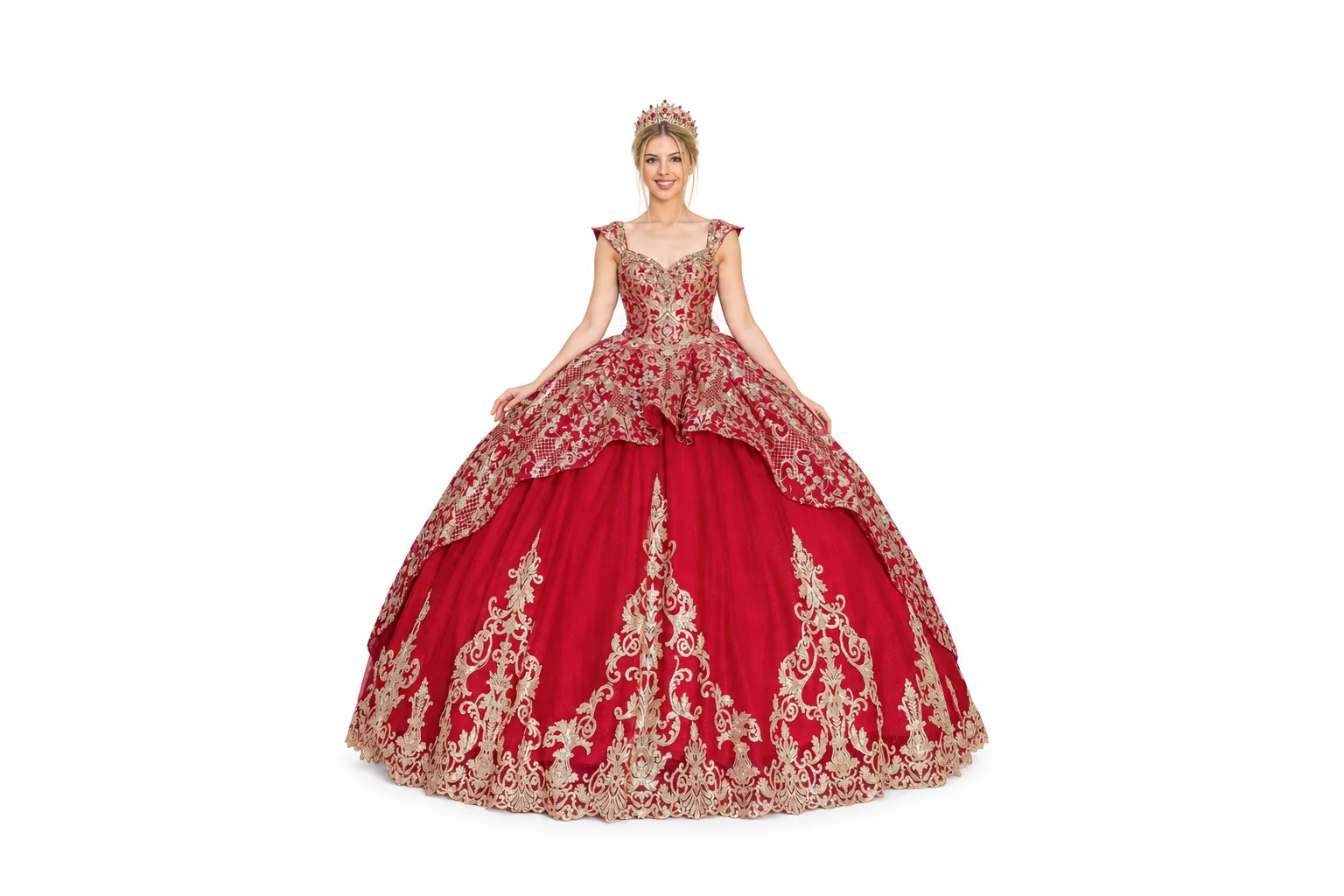 Regal Crimson and Gold Ball Gown