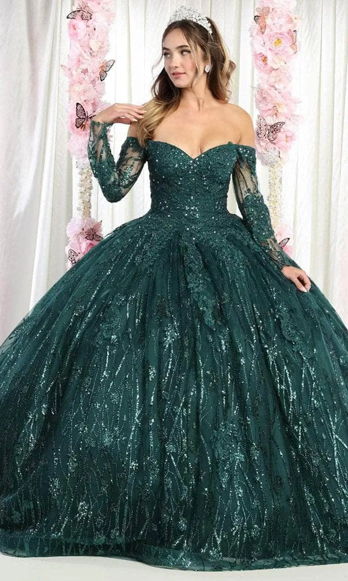 Vestido de 15 años Off Shoulder con manga larga decorado con apliques y decoraciones de glitter falda corte princesa