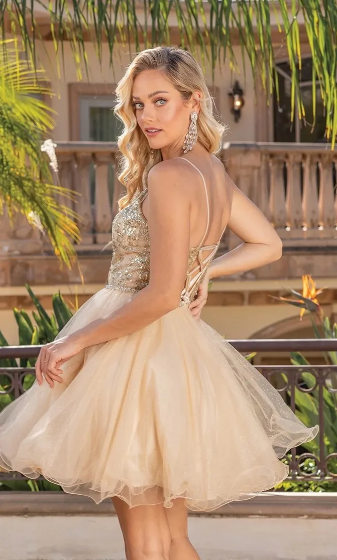 Vestido de Quinceañera corto de tiras decorado con apliques de Glitter en Top y  falda corte A