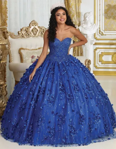 Vestido de 15 años Strapless color Azul Royal decorado con pedreria en Top, Glitter y flores en 3D, falda corte princesa