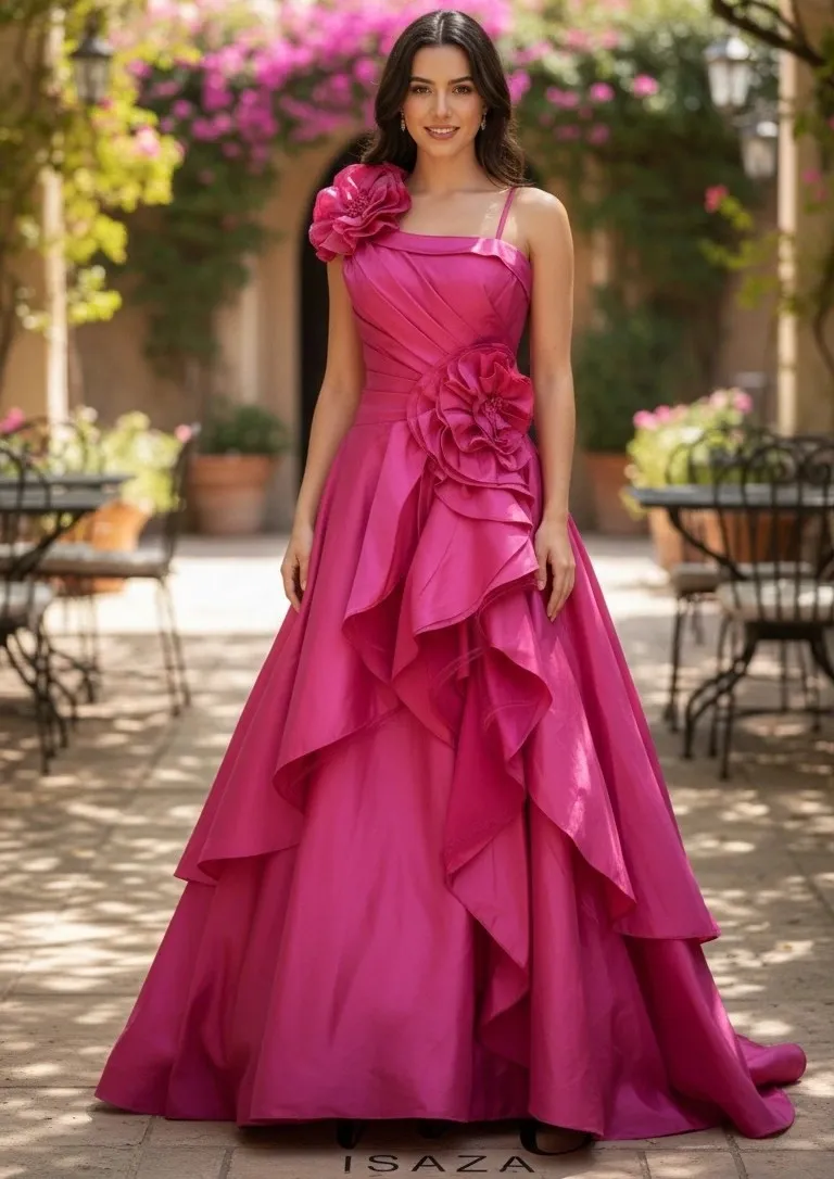 Vestido de Gala de tiras color Fucsia decorado con flores en 3D y falda corte A con abertura lateral