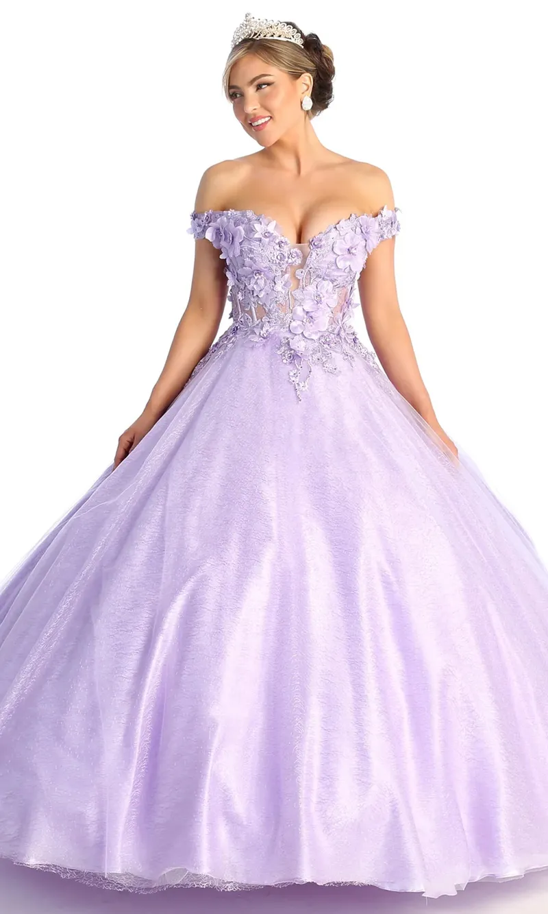 Vestido de 15 años Off Shoulder estilo corset con semitransparencia decorado con flores en 3D