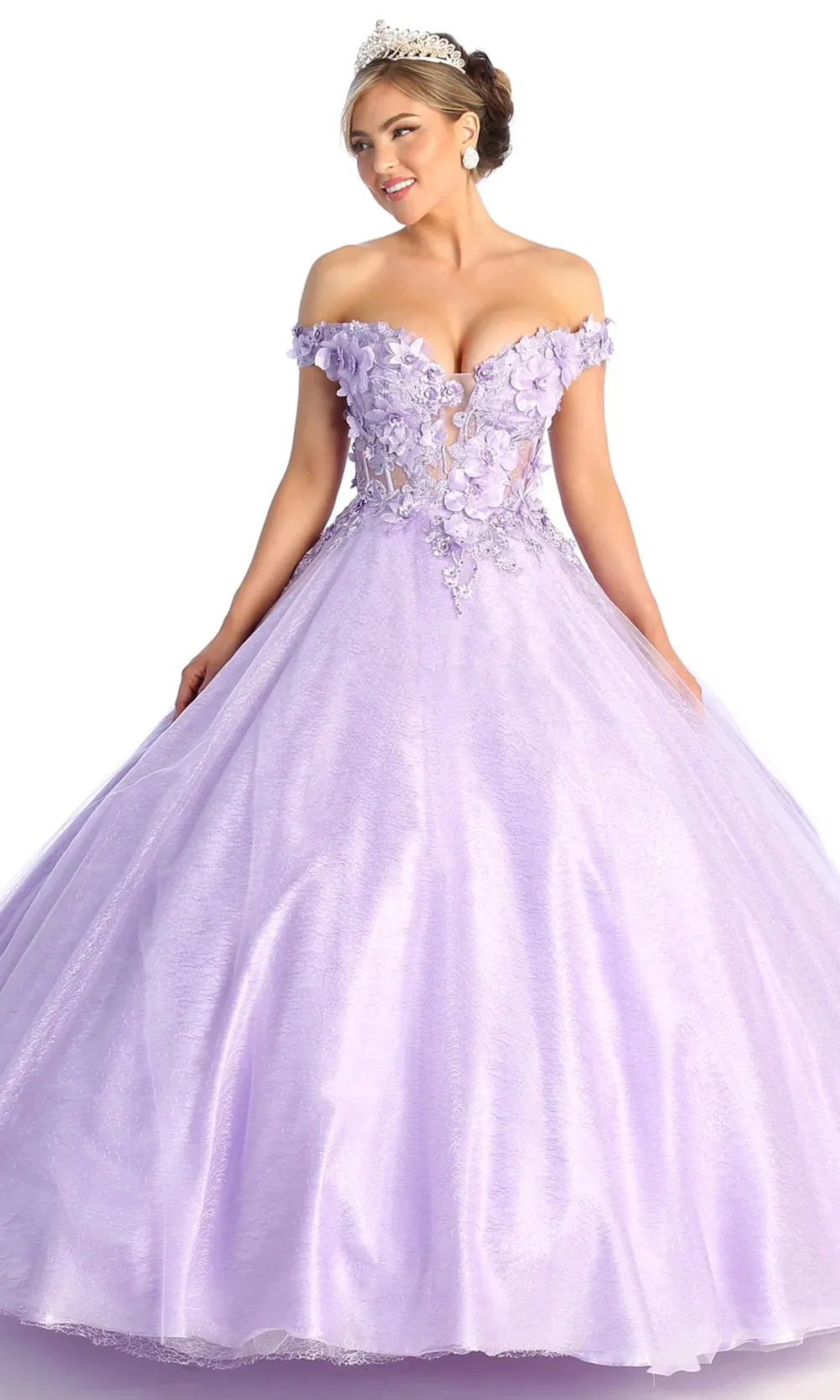 Vestido de 15 años Off Shoulder estilo corset con semitransparencia decorado con flores en 3D