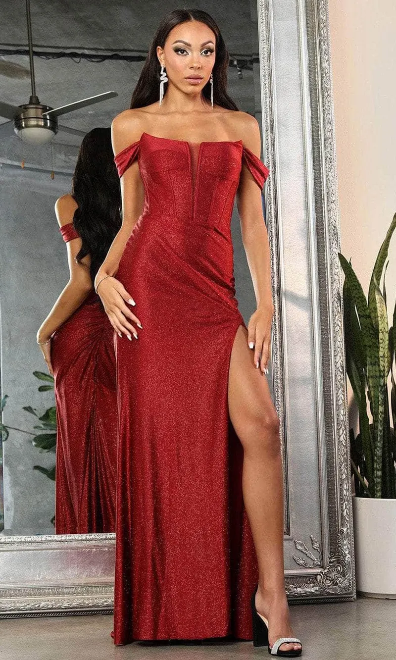 Vestido de Gala Off Shoulder con mangas desmontables en tela de Glitter y falda con abertura lateral
