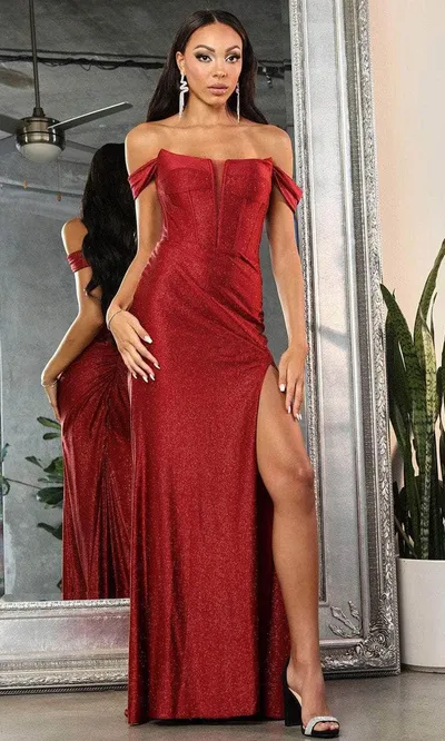 Vestido de Gala Off Shoulder con mangas desmontables en tela de Glitter y falda con abertura lateral