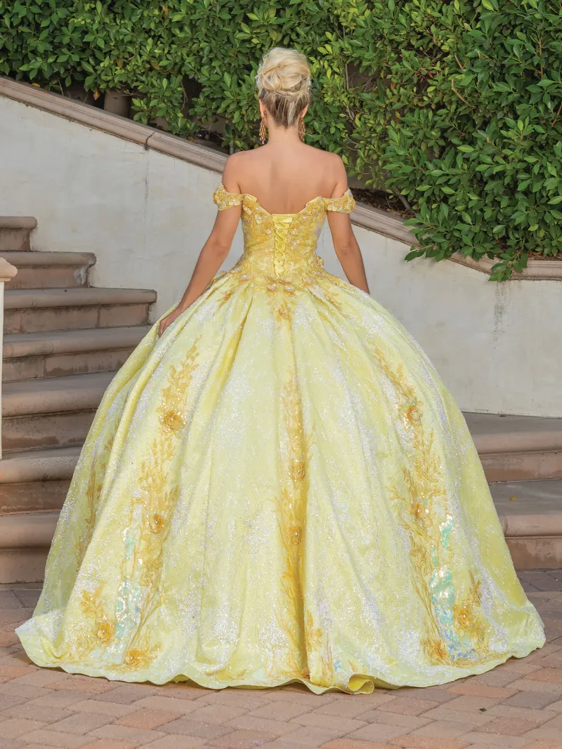 Vestido de 15 años Off Shoulder en tela de Glitter decorado con apliques de flores y falda corte Princesa