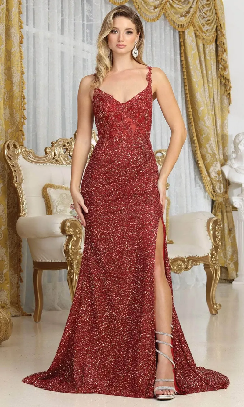 Vestido de gala de tiras ajustado color Burgundy espalda descubierta en tela de lentejuelas y corte lateral
