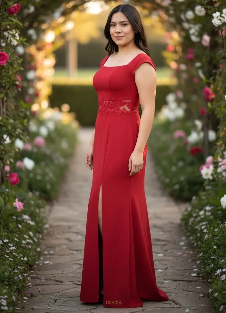 Vestido de Gala con mangas ajustado color Rojo decorado con apliques y semitransparencia en cintura