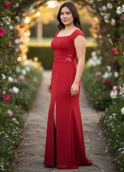 Vestido de Gala con mangas ajustado color Rojo decorado con apliques y semitransparencia en cintura