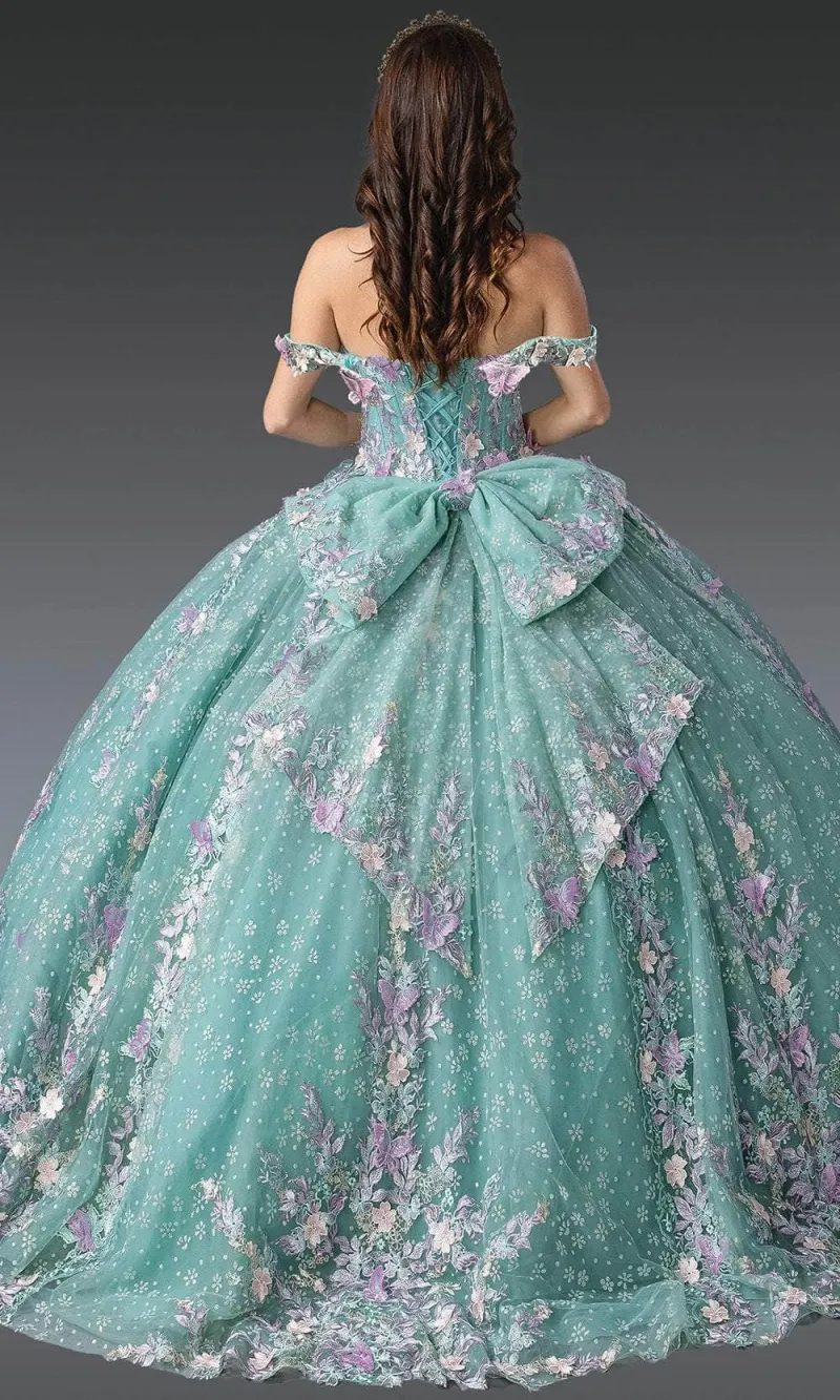 Vestido de 15 años Off Shoulder color Sage estilo corset decorado con apliques de flores multicolor con falda corte princesa