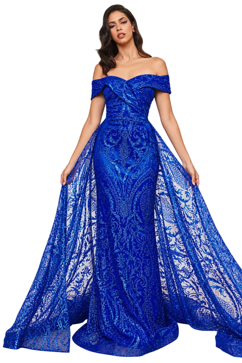 Vestido de gala Off Shoulder color Azul Royal decorado con glitter en falda corte A