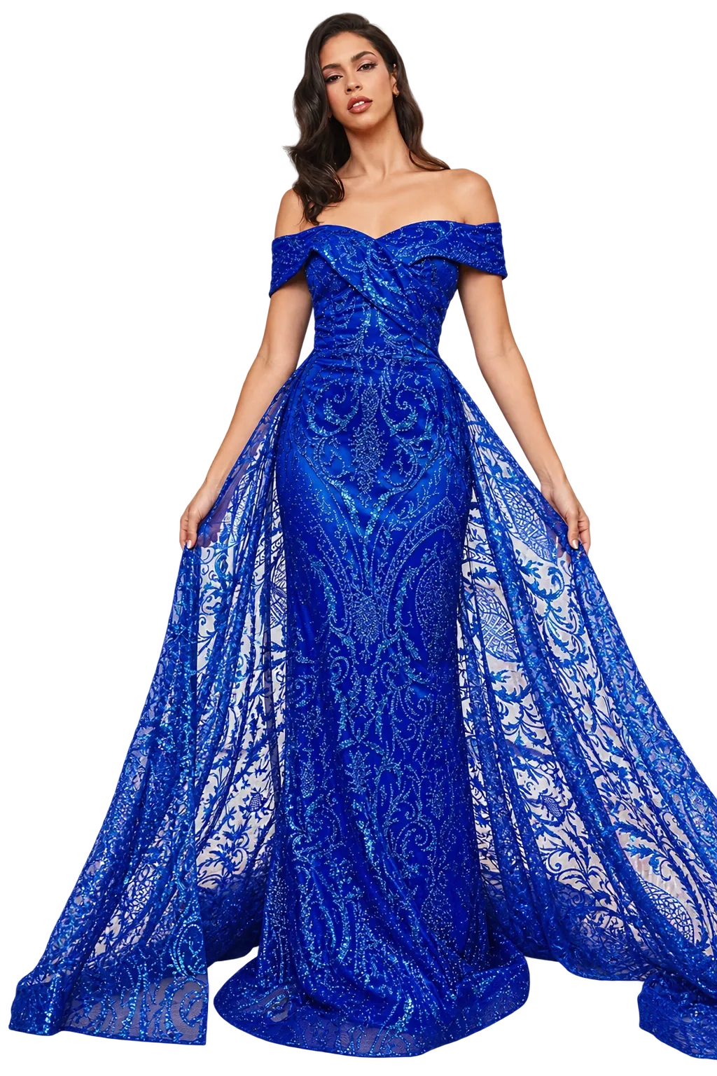 Vestido de gala Off Shoulder color Azul Royal decorado con glitter en falda corte A