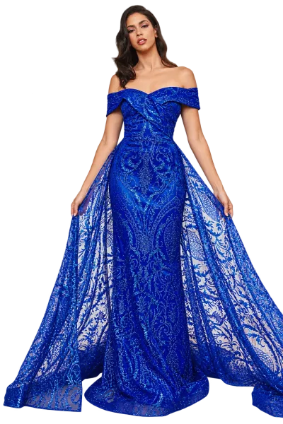 Vestido de gala Off Shoulder color Azul Royal decorado con glitter en falda corte A