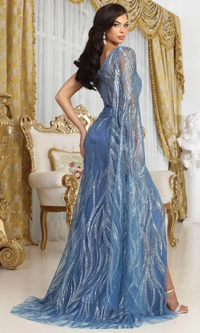 Vestido de Gala color Azul One-Shoulder con manga larga semi-transparente decorado con glitter y apliques, falda con abertura lateral