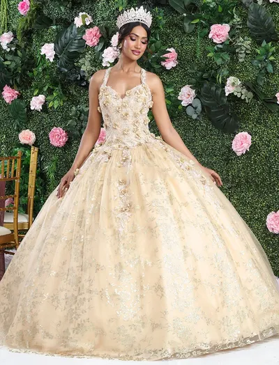 Vestido de 15 años de tiras, decorado con flores en 3D y apliques de glitter, falda corte Princesa