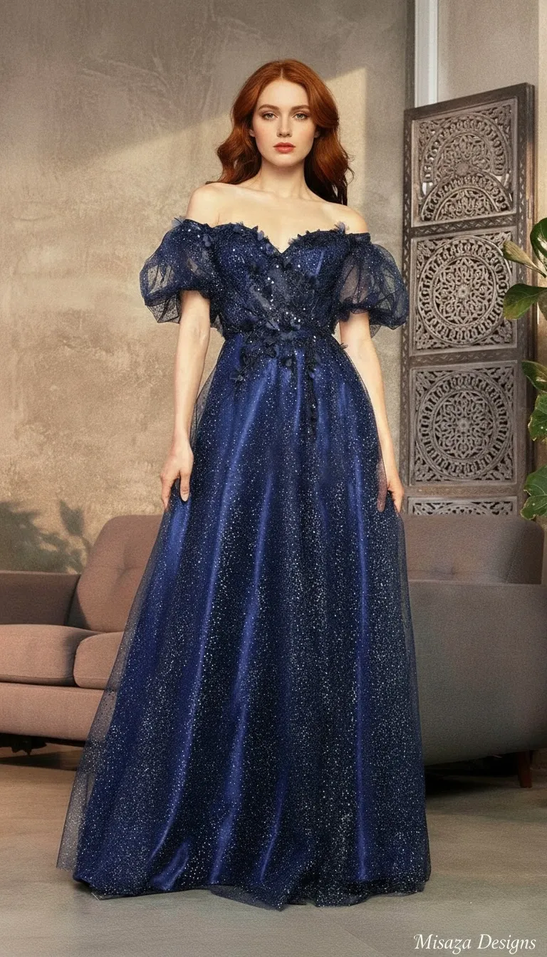 Vestido de gala color Azul Navy Off-Shoulder en tela de escarcha semi-transparente