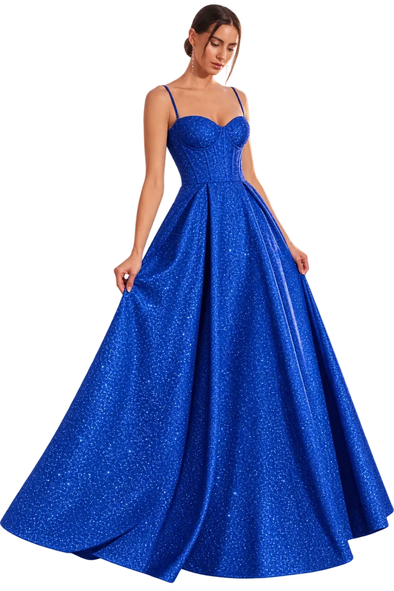 Vestido de Gala estilo corset en tela de Glitter y falda corte A