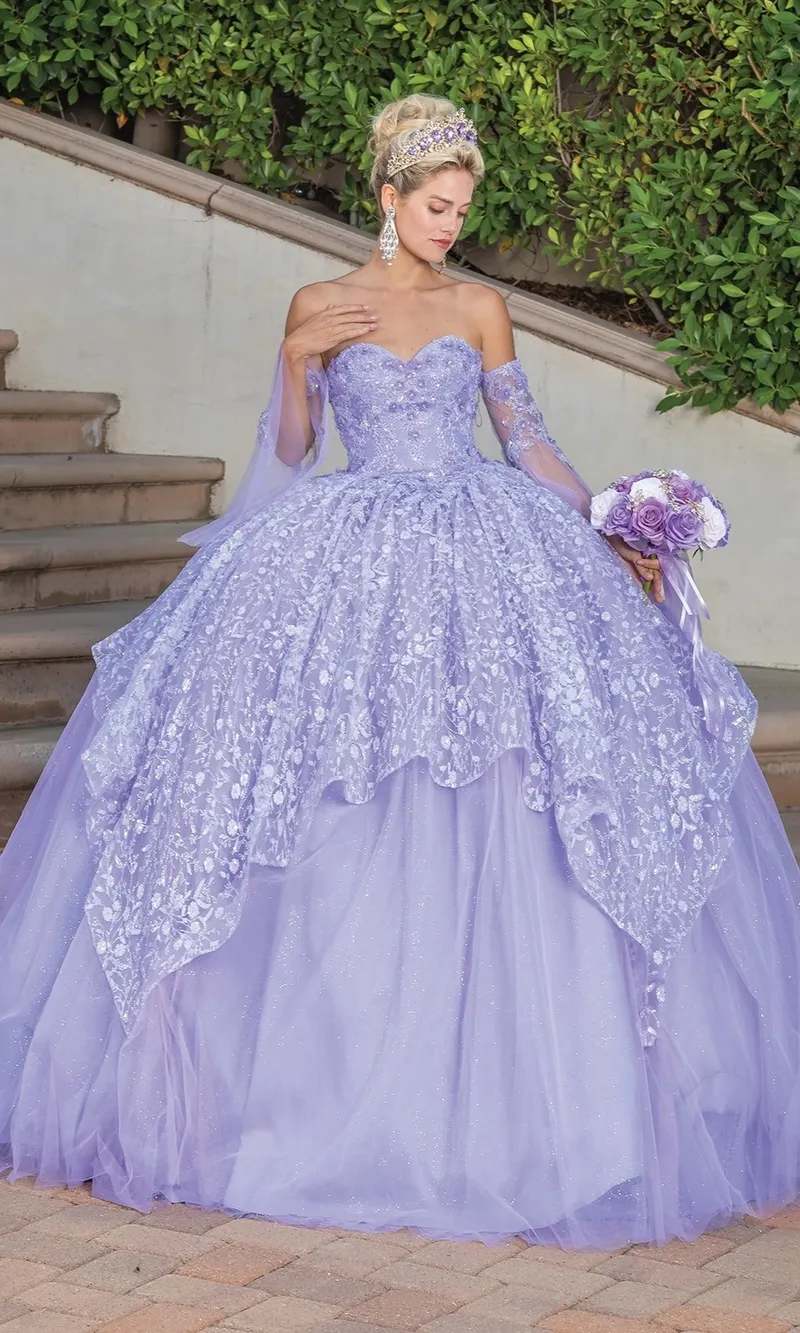 Vestido de 15 años Strapless con mangas tipo guantes, decorado con flores en 3D y falda corte Princesa