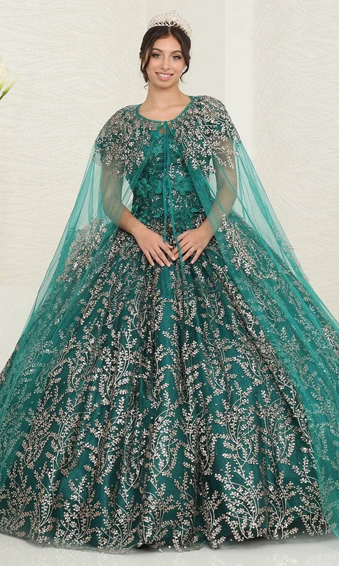 Vestido de 15 años Off Shoulder con capa, falda corte princesa decorado con Glitter y flores en 3D