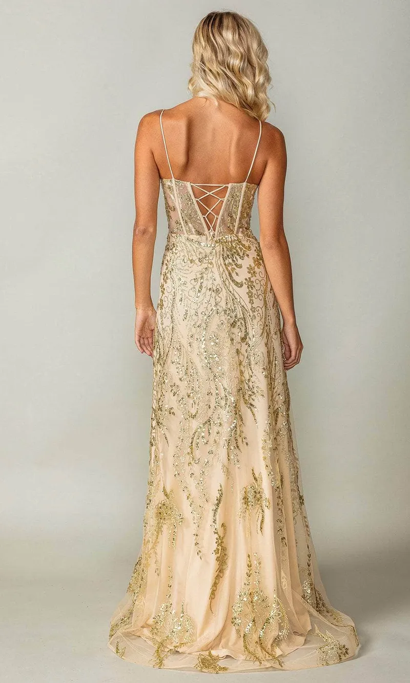Vestido de Gala color Dorado de tiras estilo corset semi-transparente en top decorado con apliques y glitter