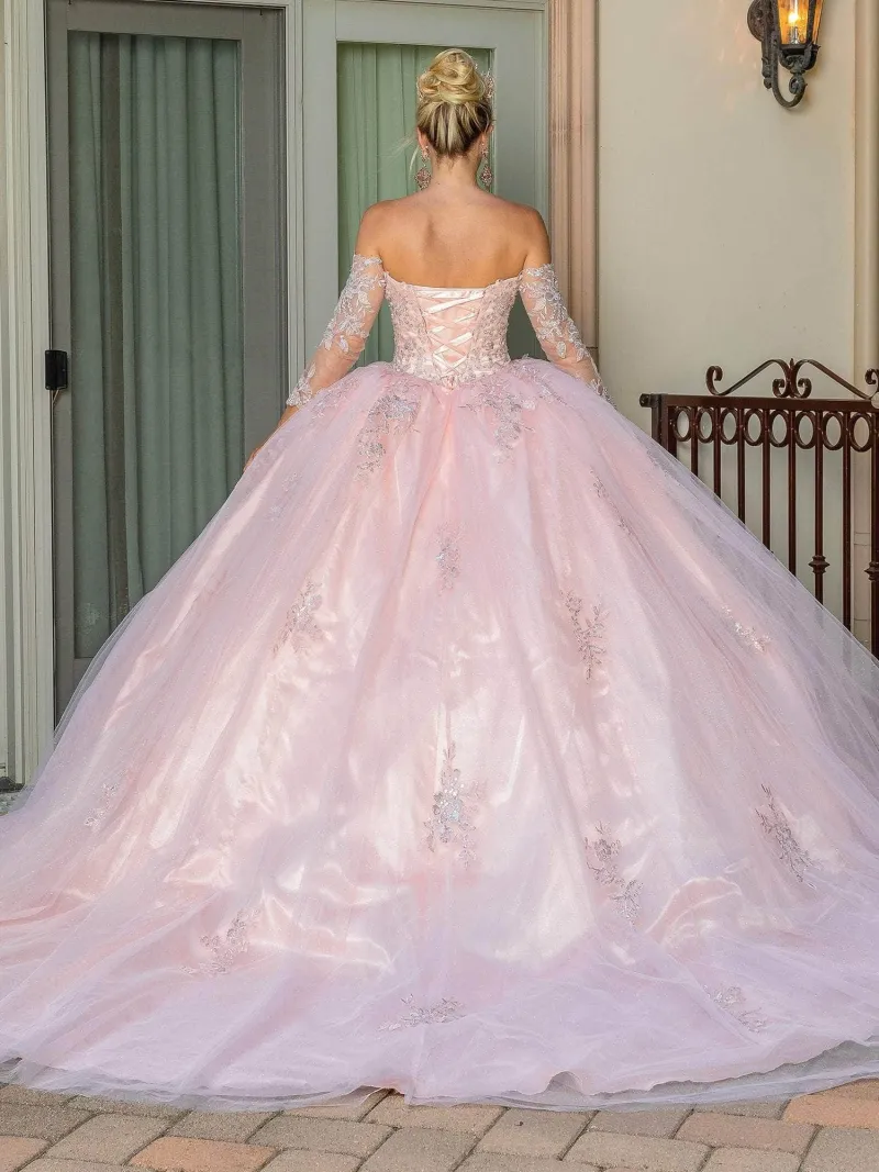 Vestido de 15 años con mangas tipo guantes decorado con finos apliques y falda corte Princesa con cola