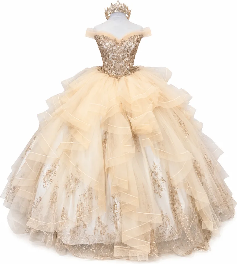 Vestido de Gala Champán con Corona Ornada