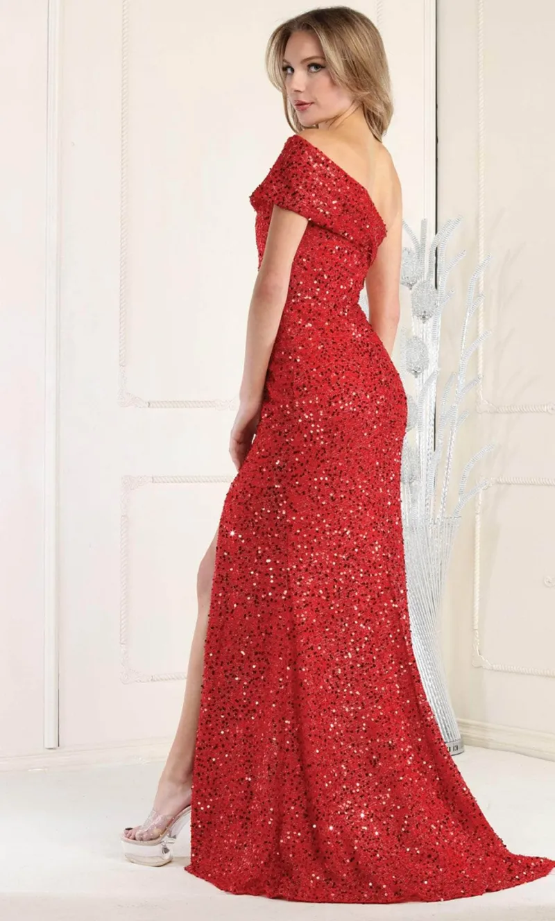 Vestido de gala color Rojo One Shoulder ajustado en tela de lentejuelas y corte lateral