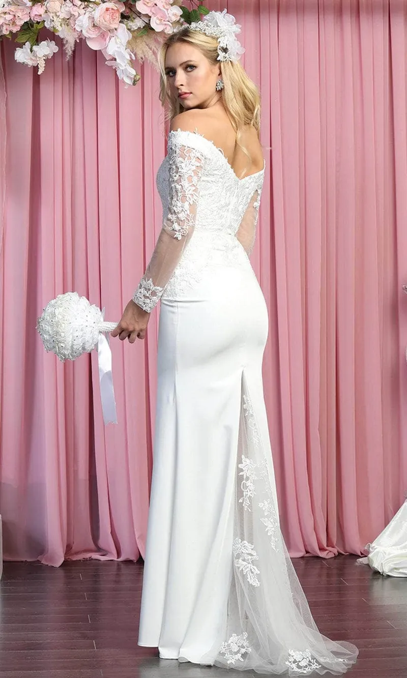 Vestido de Novia Off Shoulder ajustado manga larga con transparencia y decorado con apliques en top