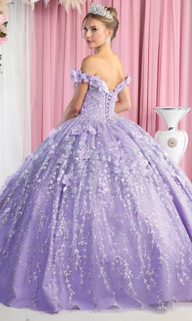 Vestido de 15 años Off Shoulder decorado con apliques y flores en 3D en tela de glitter falda corte princesa