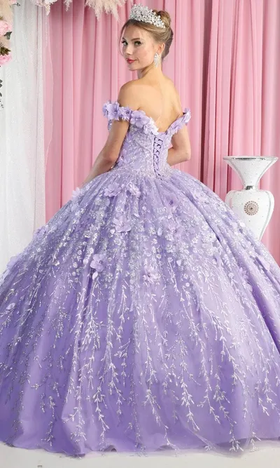 Vestido de 15 años Off Shoulder decorado con apliques y flores en 3D en tela de glitter falda corte princesa