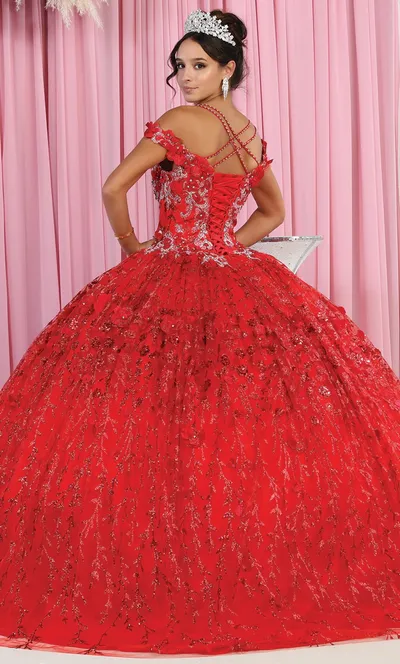 Vestido de 15 años Off Shoulder decorado con apliques y flores en 3D en tela de glitter falda corte princesa